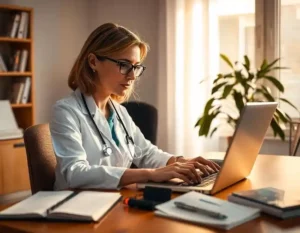 Professionnelle médicale travaillant sur des comptes-rendus pour transcription audio