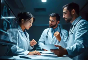 Médecins discutant de comptes-rendus d'imagerie médicale pour transcription audio