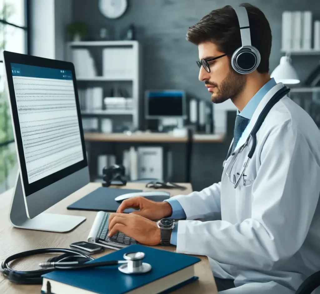 Médecin en cours d'utilisation de logiciel de transcription médicale