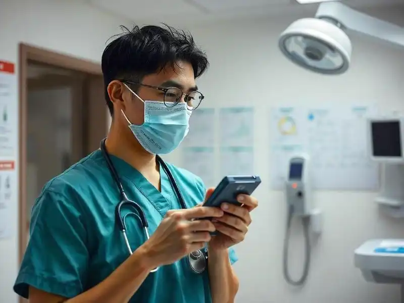 Professionnel de la santé avec un enregistreur numérique enregistrant un fichier pour transcription audio