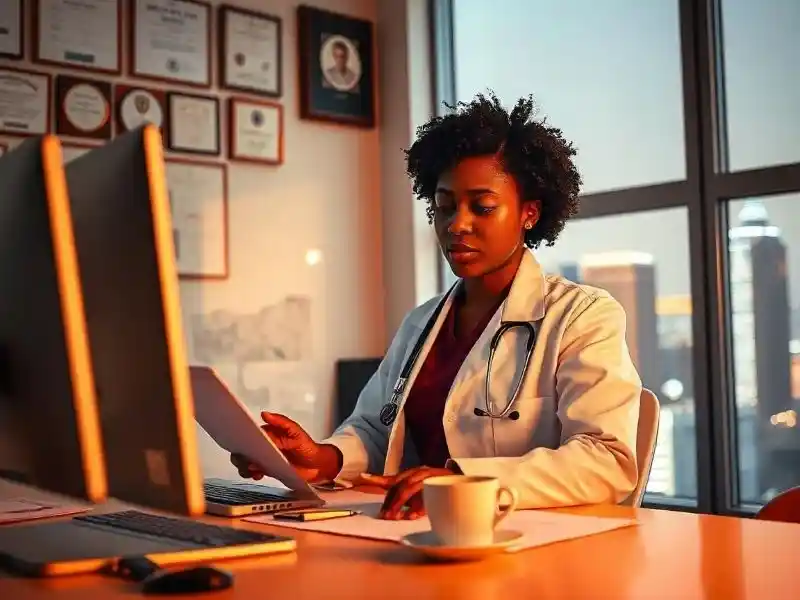 Professionnelle de la santé préparant dossiers pour envoyer à un service de transcription audio médicale